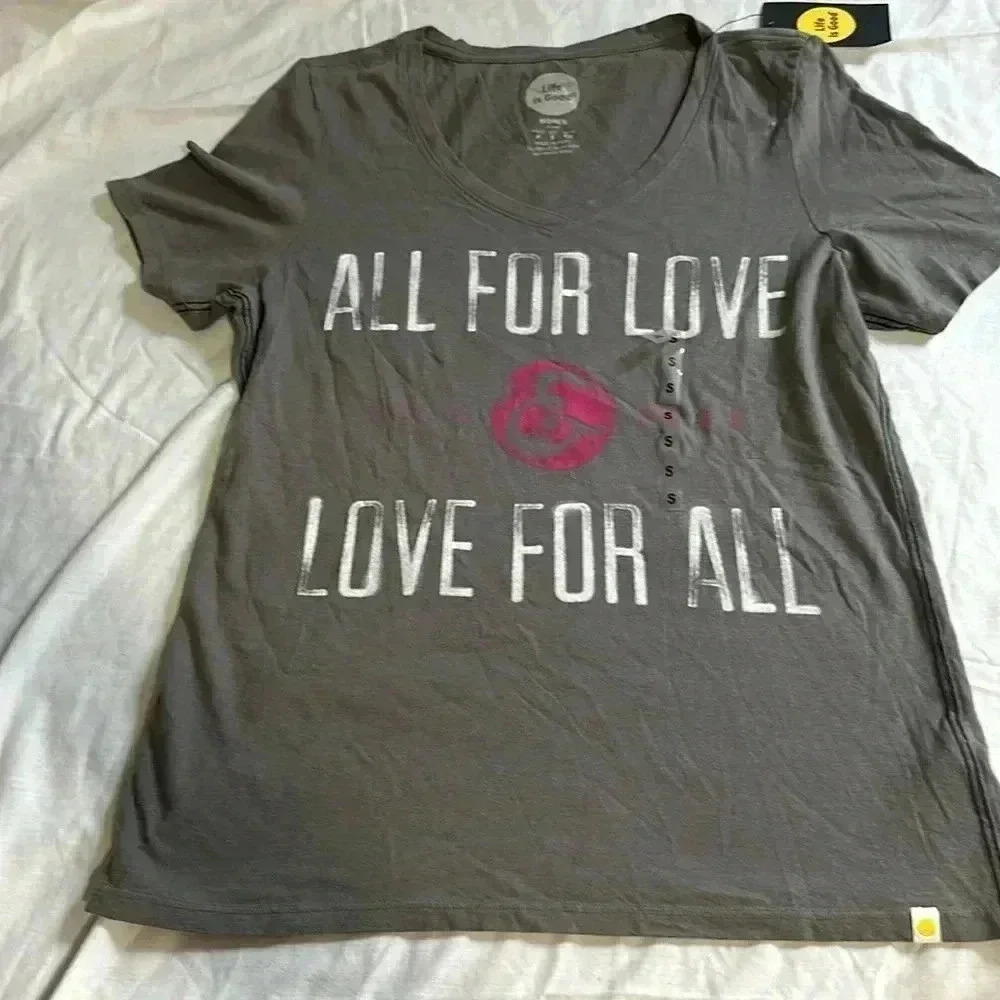 Life Is Good Womens T Shirt All for Love - Love for All Gray Short Sleeve  Small